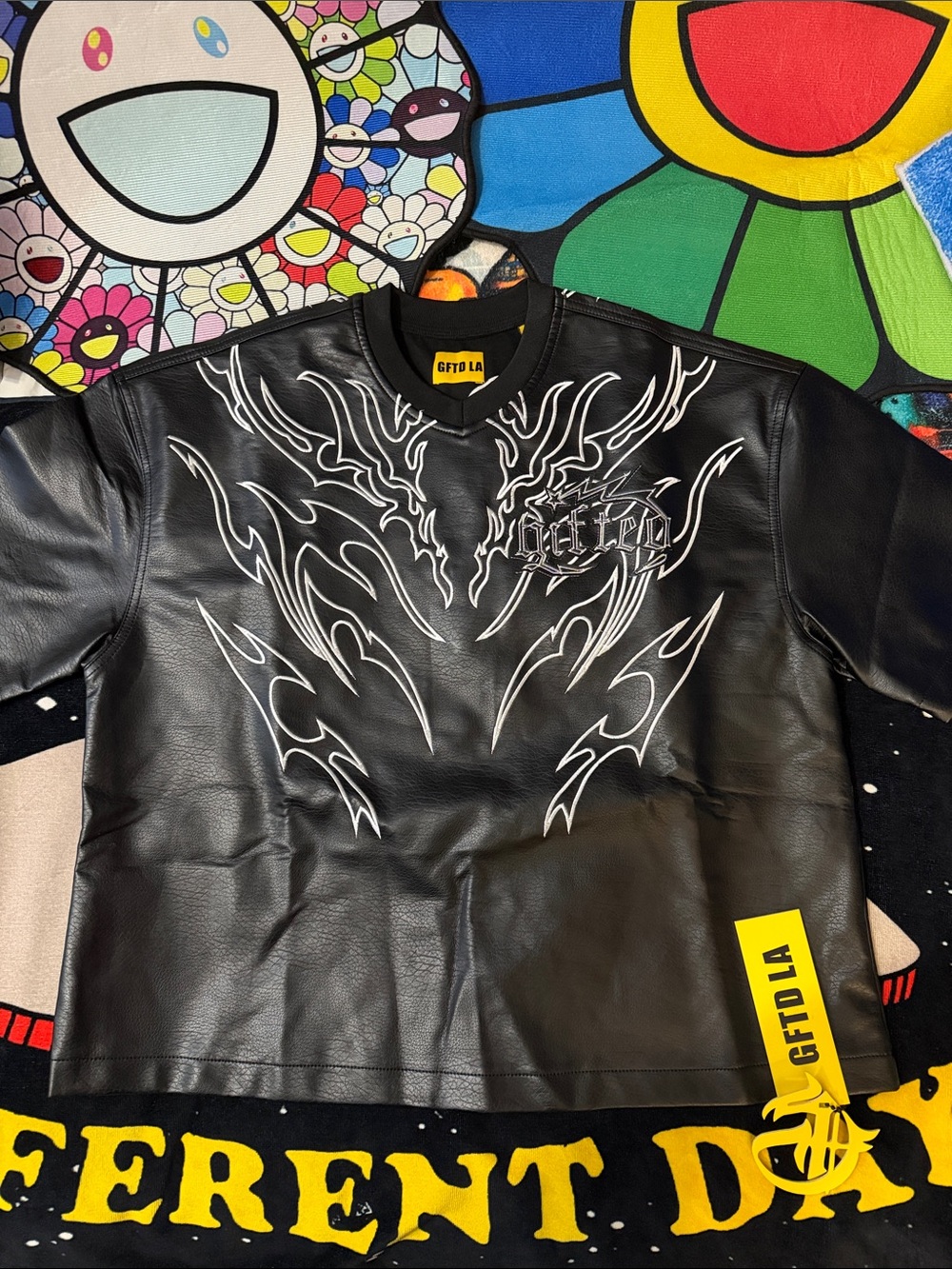 GFTD LA Klive Black Short Sleeve Leather Tee with White Tribal Graphics